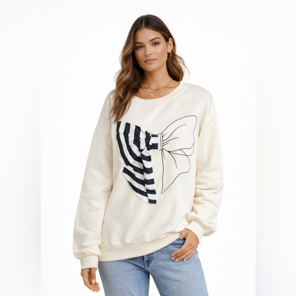 Cream Sweatshirt with Black Striped Bow